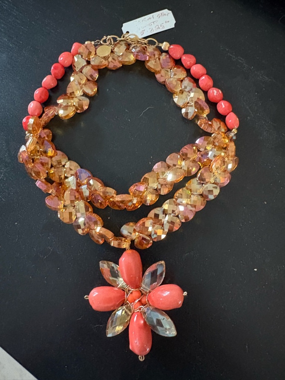 Gold and Coral Crystal Multi-Strand Statement Necklace with Floral Pendant